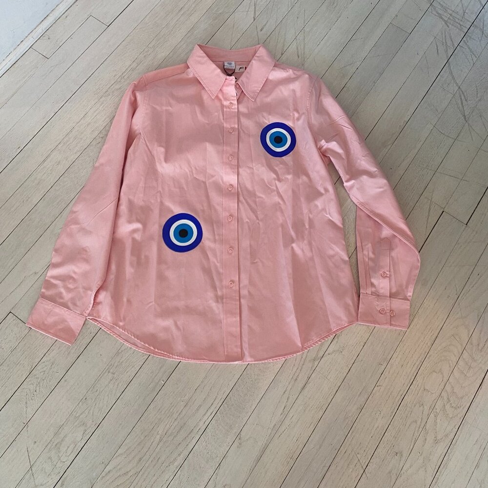 Women's Pink Button-Down Shirt with Decorative Motifs